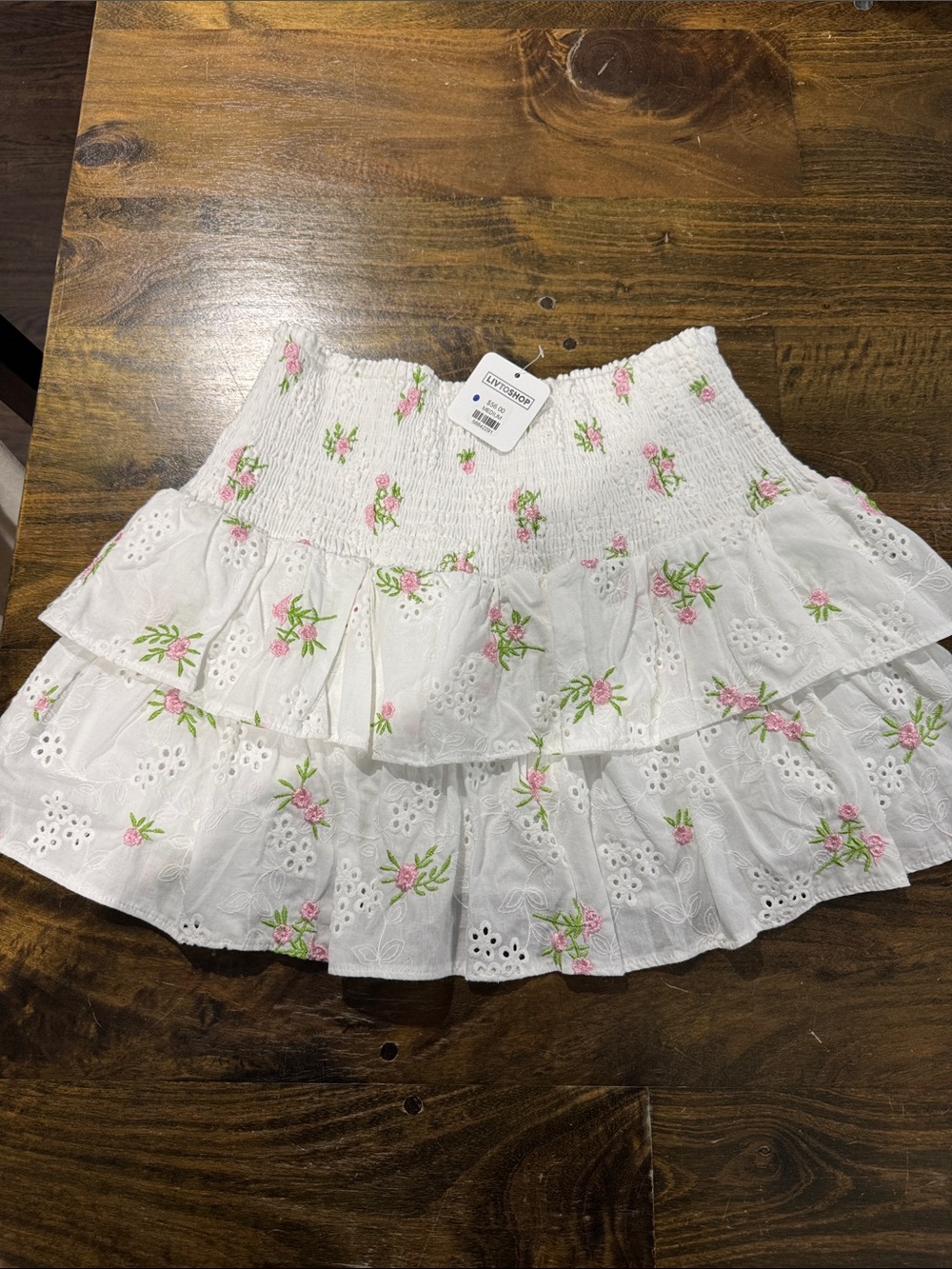 Olivaceous White Eyelet Smocked Skater Skirt with Pink Floral Embroidery